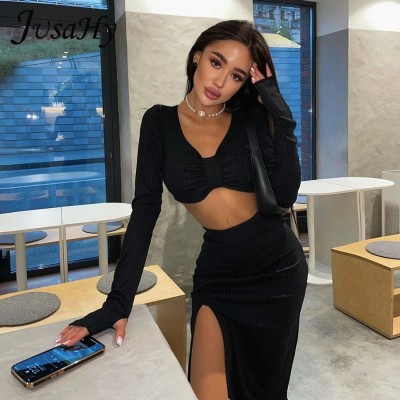 Black Women's Two Pieces Sets Long Sleeves Crop Top+ High Waist